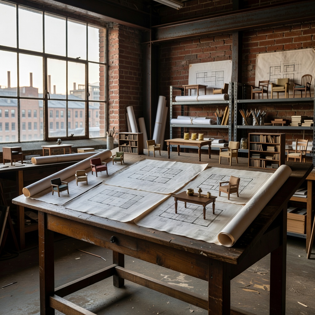 Architectural drafting table with blueprints and physical miniature furniture models in an industrial studio