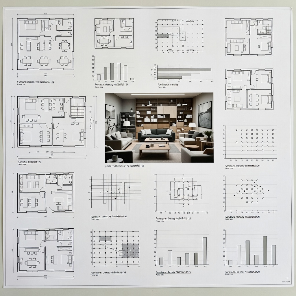 Architectural drawings and spatial analysis documentation showing furniture density calculations