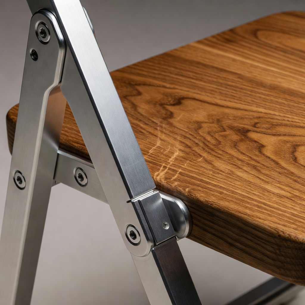 Close-up detail of the FoldForm Chair MK.IV machined aluminum hinges and hand-rubbed ash seat