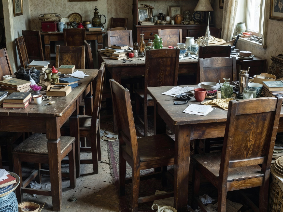 Cluttered traditional apartment with bulky solid wood tables and chairs eating up room space