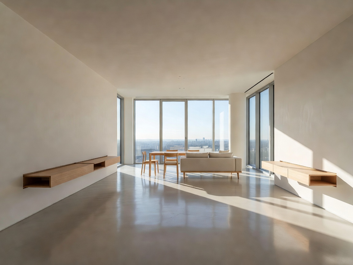 Expansive sun-drenched minimalist apartment with furniture discreetly tucked into slim wall mounts