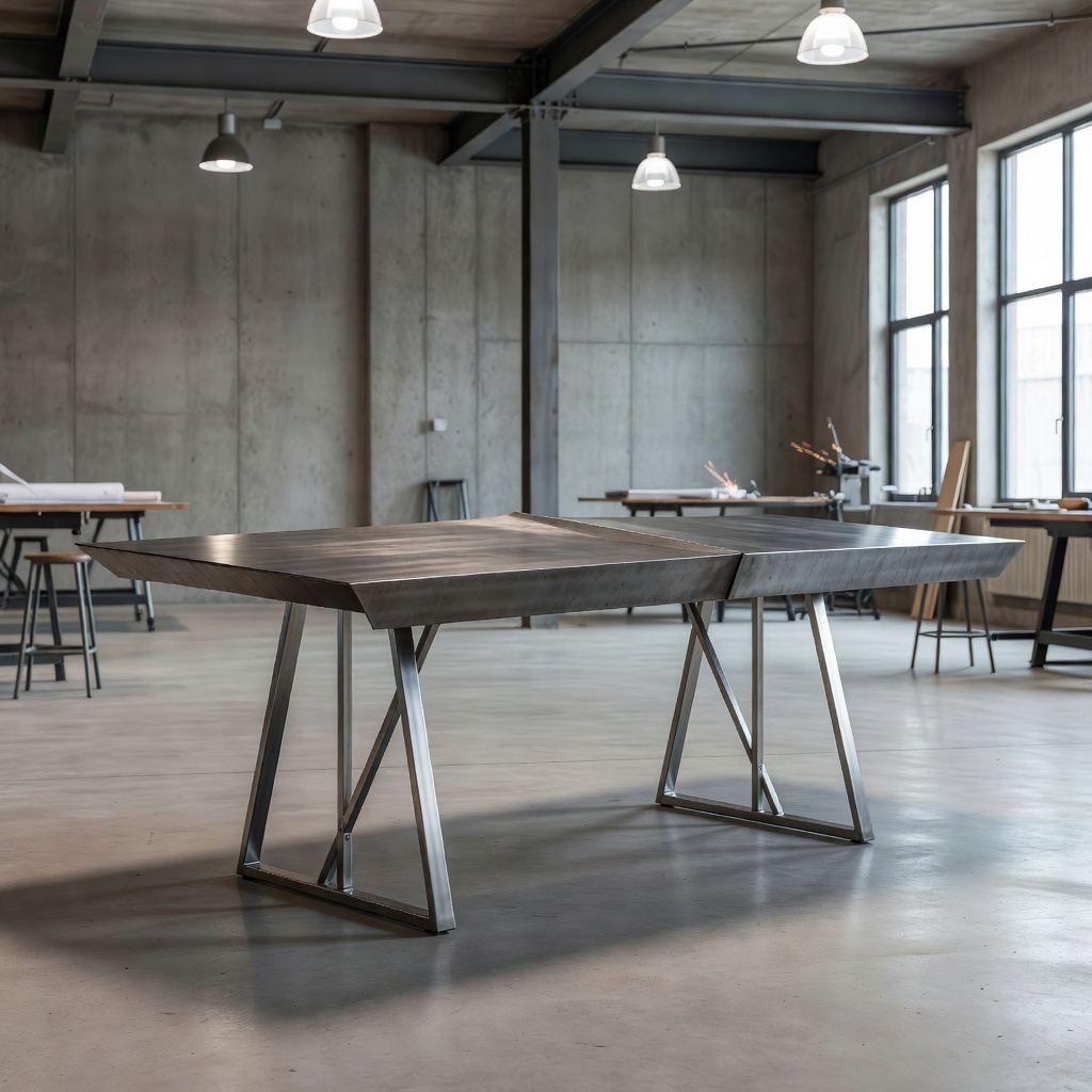 FoldForm Monolith Trestle Table positioned in an open studio with sleek metallic leg trusses
